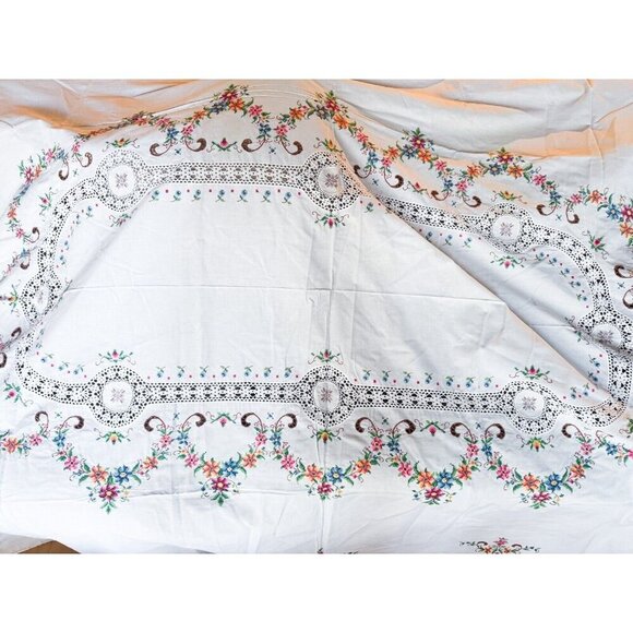 Vintage Antique Cross Stich Embroidered Crochet Large Tablecloth - Picture 11 of 11